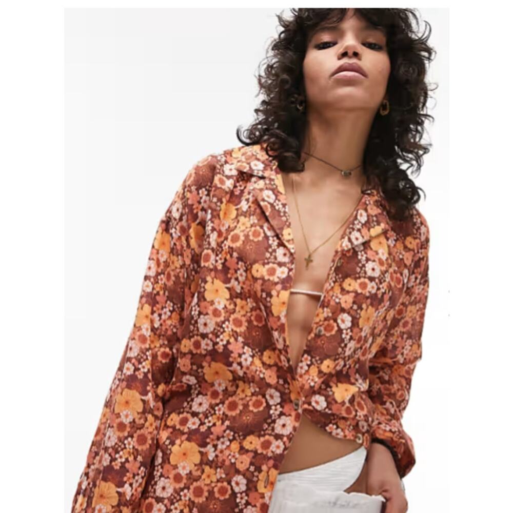Topshop Oversized Beach Cover Up Floral Shirt Cotton Linen Blend Medium Retro